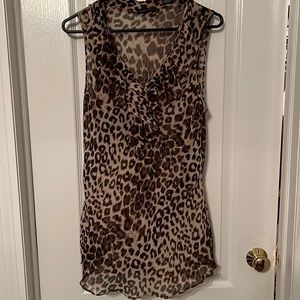 Silky sheer leopard print size Large blouse with ruffle neckline